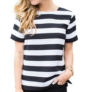 Banana Republic Black White Stripe Crepe Blouse Womens XS Short Sleeve Crew Neck